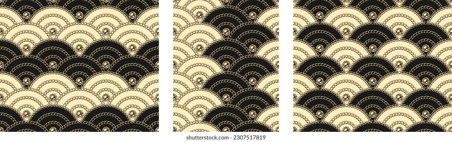 Set of traditional asian wave patterns. Japanese, chinese, korean wavy ornament with realistic golden chains, beads. Geometric fan shaped grid. For packaging, fabric, textile, surface design