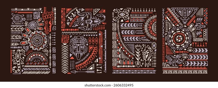 Set of traditional Aztec ornaments with tribal elements. Backgrounds with ethnic patterns. Ancient decoration with abstract figures, Peruvian symbol, Maya culture signs. Flat vector illustrations
