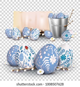 Set of a traditional blue and white Easter eggs and empty paper with easter eggs and bucket on transparent background