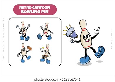 Set of Traditional Bowling Pin Cartoon Illustration with Varied Poses and Expressions