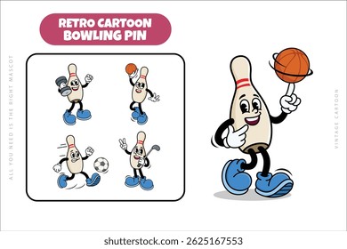 Set of Traditional Bowling Pin Cartoon Illustration with Varied Poses and Expressions