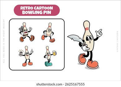 Set of Traditional Bowling Pin Cartoon Illustration with Varied Poses and Expressions