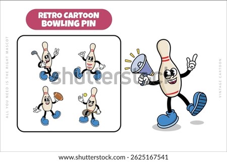 Set of Traditional Bowling Pin Cartoon Illustration with Varied Poses and Expressions