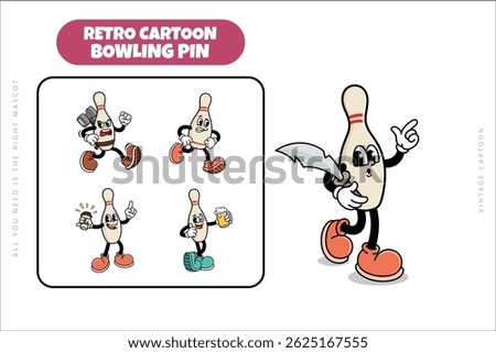 Set of Traditional Bowling Pin Cartoon Illustration with Varied Poses and Expressions