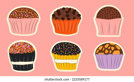 Set Traditional brazilian sweets brigadeiros. Chocolate balls decoration. Vector. All elements are isolated