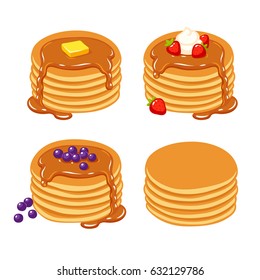 Set of traditional breakfast pancakes with berries, syrup, butter and plain. Beautiful realistic vector illustration.