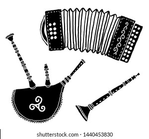 Set of traditional breton music instruments popular in France and Brittany: diatonic accordion, biniou kozh (breton bagpipe) and bombarde, vector grunge silhouettes isolated on white background