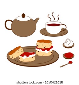 Set of traditional British cream tea with teapot, a cup of tea on a saucer, two scones filled with jam and cream on a plate. Doodle afternoon tea,tea party, buttermilk biscuits background. 