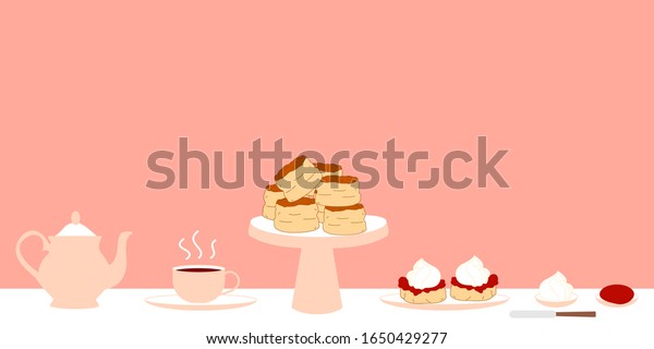 Set of traditional British cream tea with teapot, a cup\
of tea on a saucer, two scones with jam and cream on a plate,\
butter knife. Doodle afternoon tea,tea party, buttermilk biscuits\
background. 