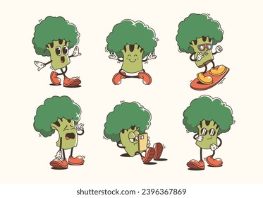 Set of Traditional Brocolli Cartoon Illustration with Varied Poses and Expressions