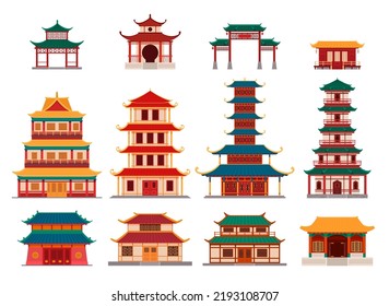 Set of traditional buildings in Asian style. Ancient temples, pagodas, shrines, residential buildings. Vector illustration.