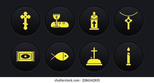Set Traditional carpet, Christian cross chain, fish, Tombstone with, Church pastor preaching, First communion symbols, Burning candle and  icon. Vector