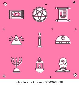 Set Traditional carpet, Pentagram in circle, Decree, paper, parchment, scroll, Masons, Burning candle, Jewish kippah with star of david, Hanukkah menorah and Ramadan Kareem lantern icon. Vector
