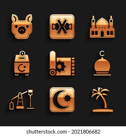 Set Traditional Carpet, Star And Crescent, Tropical Palm Tree, Muslim Mosque, Oil Pump Or Pump Jack, Donate Pay Your Zakat,  And Pig Icon. Vector