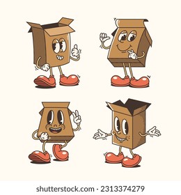 Set of Traditional Cartoon cardboard boxes Illustration with Varied Poses and Expressions