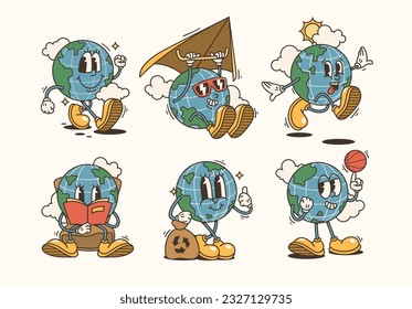 Set of Traditional Cartoon globe earth planet Illustration with a Vintage Touch