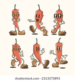 Set of Traditional Chili Pepper Cartoon Illustrations with Varied Poses and Expressions