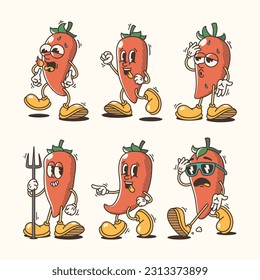 Set of Traditional Chili Pepper Cartoon Illustrations with Varied Poses and Expressions