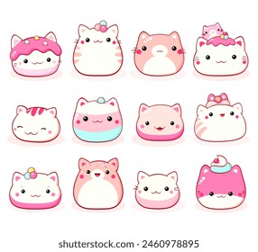 Set of traditional Chinese animal-shaped mantou buns. Collection of cute cat-shaped asian dessert in kawaii style. Can be used for t-shirt print, sticker, greeting card. Vector illustration EPS8