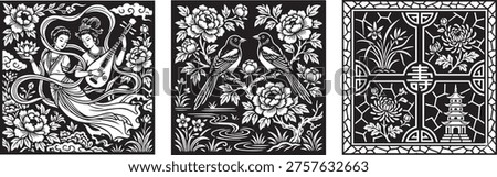 Set of Traditional Chinese Black and White Vector Borders with Fairy, Magpie, and Orchid Patterns