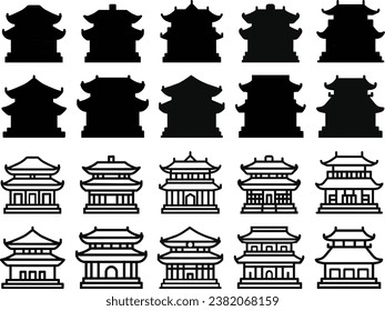 Set of traditional Chinese buildings, houses and pagoda, Chinese architecture in black and white, outline, vector illustration isolated