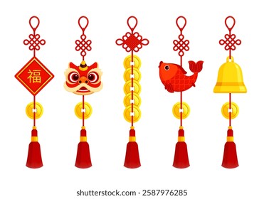 Set of traditional Chinese hanging ornaments with tassels and lucky charms. Lunar New Year, prosperity, and good fortune concept. Flat vector illustration isolated on white background