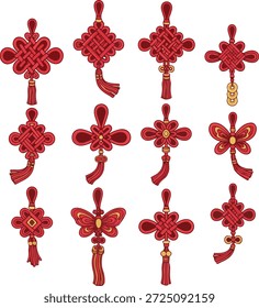 Set of traditional Chinese knot vector illustrations in red and gold colors. Decorative Chinese New Year ornaments with tassels and symbolic knot patterns, designed in a flat cartoon style.