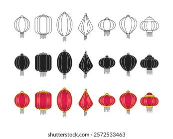 Set of traditional Chinese lanterns in vibrant red and gold, featuring intricate patterns and festive designs, perfect for Chinese New Year, Mid-Autumn Festival, and other cultural celebrations.