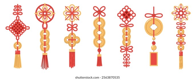 Set of traditional Chinese lucky knots with coins in red and gold, featuring tassels, coins, and intricate geometric patterns. Symbolizing prosperity and harmony, perfect for festive designs.