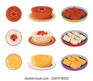 A set of traditional Chinese New Year cakes with sticky rice cake, turnip cake and water chestnut cake