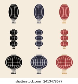 Set of traditional Chinese New Year lantern icons, round and cylinder shape. Chinese astrology Year of the Dragon 2024