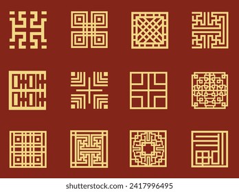 Reihe traditioneller chinesischer Muster, goldene Linie mit rotem Hintergrund