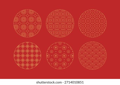 Conjunto de padrões chineses tradicionais em cores vermelhas e douradas inspiradas no Ano Novo Chinês e no festival lunar. Ornamentos orientais circulares. Ilustração vetorial