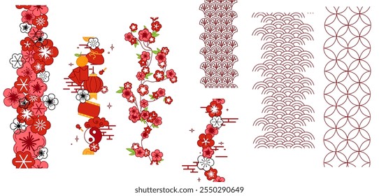 Conjunto de decoraciones de patrones de bordes de Vertical sin costuras tradicionales chinos. Vector gráfico Elementos tradicionales del año nuevo chino. Temporada de primavera.
