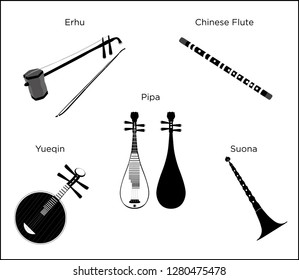 Set of Traditional Chinese String & Wind Instruments - Erhu, Chinese Flute, Yueqin, Pipa, Suona - Vector Illustration Isolated Icons - Black & White