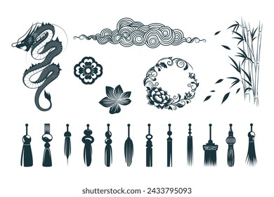 Set of traditional chinese tassels for good luck, dragon, bamboo, cloud and other design elements. Vector illustration for tattoos, printing on t-shirts and cards.