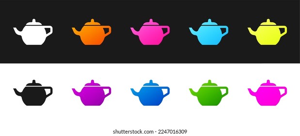 Set Traditional Chinese tea ceremony icon isolated on black and white background. Teapot with cup.  Vector