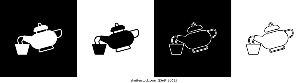 Set Traditional Chinese tea ceremony icon isolated on black and white background. Teapot with cup.  Vector