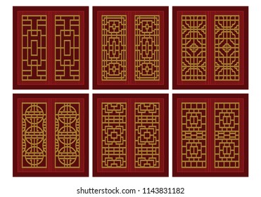 Set of traditional Chinese windows. Flat Vector