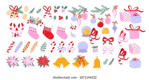 Set of traditional Christmas clip-art with foliage and decorations. Collection of Holiday illustrations with greenery and ornaments with  elements isolated on white background