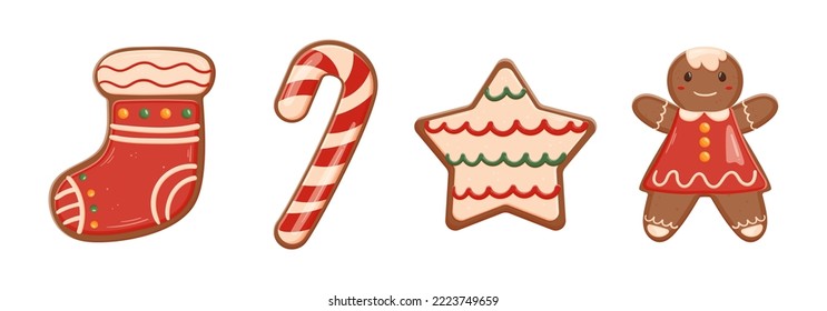 Set of Traditional Christmas Cookies Gingerbread Girl, Sock, Star and Candy Cane with Icing Isolated on White Background. Xmas Festive Pastry, Fresh Homemade Bakery Food. Cartoon Vector Illustration