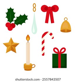 Set of traditional christmas decor elements, candle, ilex, gift, star, candy, simple shapes, red, green, yellow color.