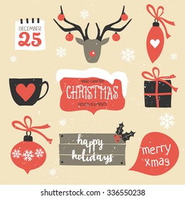 A set of traditional Christmas design elements in vintage red, black and white.