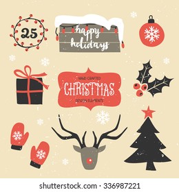 A set of traditional Christmas design elements in vintage red, black and white.