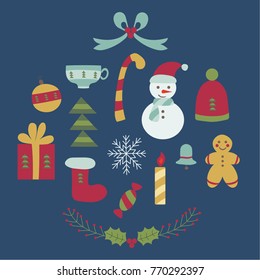 Set of traditional Christmas elements in doodle style. Cartoon Xmas icons collection with gingerbread man, fir tree, red sock, snowman, gift box, rowan wraith, coffee cup and other holiday symbols.