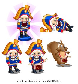 Set of traditional Christmas figurines Nutcracker with a drum and a mouse. Sketch for greeting card, festive poster or party invitations.The attributes of Christmas and New year. Vector illustration.