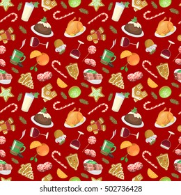 Set Of Traditional Christmas Food And Desserts Holiday Decoration Seamless Pattern