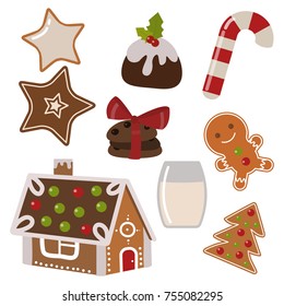 Set of traditional christmas food and desserts holiday decoration xmas sweet celebration dessert vector illustration. Vector traditional festive winter cake homemade dinner