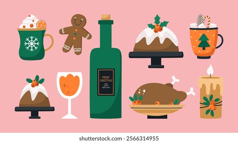 Set of traditional Christmas food on background. Pies, turkey, drinks and sweets. Vector illustration