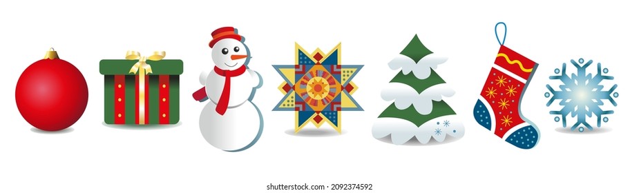 A set of traditional Christmas and New Year items. Icons, stickers.  Ball, gift box, snowman, decorative Christmas star, Christmas tree, Christmas sock, snowflake.